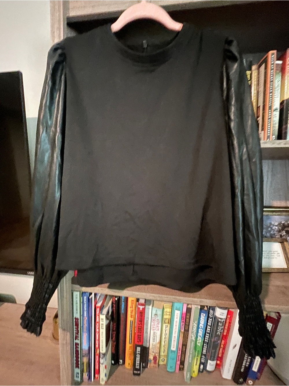 Black Women's Long Sleeve Shirt with Faux-Leather Puff Sleeves